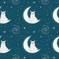 Seamless vector pattern with cute alpaca on the half moon with a star. Illustration for banner, sticker and poster for baby rooms. Childish background.