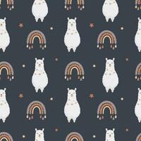 Seamless vector pattern with llama alpaca, stars and rainbows. Baby background for wrapping paper, greeting cards, design.