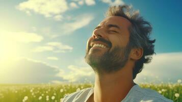 AI generated Calm Happy Smiling Man with Closed Eyes on the Fields. Free, Peace, Beautiful Moment Concept photo