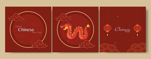 2024 Chinese New Year With Ornament And Dragon Template Layout Set vector