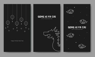 Happy Chinese New Year Gong Xi Fa Cai Background Set With Dragon And Lantern Element In Line Art Style Black And White vector