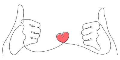 thumbs up in one line drawing love gesture and heart minimalism concept vector