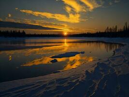 AI generated An image of a vibrant sunset over a serene lake, with colorful reflections shimmering on the water with snow photo