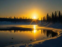 AI generated An image of a vibrant sunset over a serene lake, with colorful reflections shimmering on the water with snow photo