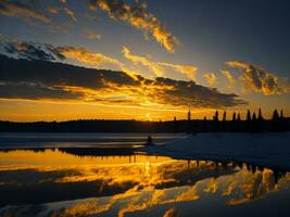 AI generated An image of a vibrant sunset over a serene lake, with colorful reflections shimmering on the water with snow photo