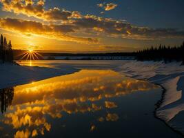 AI generated An image of a vibrant sunset over a serene lake, with colorful reflections shimmering on the water with snow photo