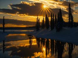 ai generado un imagen de un vibrante puesta de sol terminado un sereno lago, con vistoso reflexiones reluciente en el agua con nieve foto