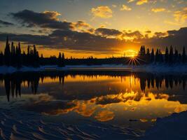 AI generated An image of a vibrant sunset over a serene lake, with colorful reflections shimmering on the water with snow photo