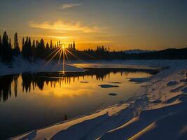 AI generated An image of a vibrant sunset over a serene lake, with colorful reflections shimmering on the water with snow photo