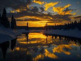 ai generado un imagen de un vibrante puesta de sol terminado un sereno lago, con vistoso reflexiones reluciente en el agua con nieve foto