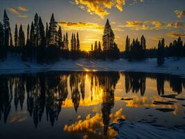 AI generated An image of a vibrant sunset over a serene lake, with colorful reflections shimmering on the water with snow photo