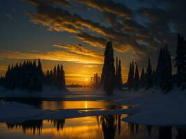 AI generated An image of a vibrant sunset over a serene lake, with colorful reflections shimmering on the water with snow photo