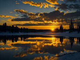 ai generado un imagen de un vibrante puesta de sol terminado un sereno lago, con vistoso reflexiones reluciente en el agua con nieve foto