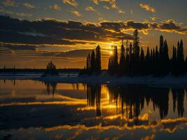 AI generated An image of a vibrant sunset over a serene lake, with colorful reflections shimmering on the water with snow photo