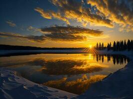 AI generated An image of a vibrant sunset over a serene lake, with colorful reflections shimmering on the water with snow photo