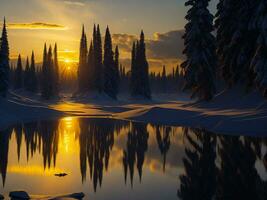 AI generated An image of a vibrant sunset over a serene lake, with colorful reflections shimmering on the water with snow photo