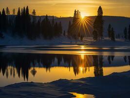 AI generated An image of a vibrant sunset over a serene lake, with colorful reflections shimmering on the water with snow photo