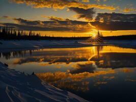 ai generado un imagen de un vibrante puesta de sol terminado un sereno lago, con vistoso reflexiones reluciente en el agua con nieve foto