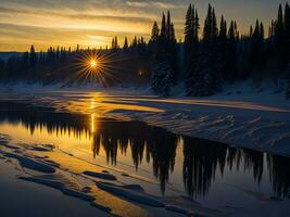 AI generated An image of a vibrant sunset over a serene lake, with colorful reflections shimmering on the water with snow photo