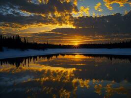 ai generado un imagen de un vibrante puesta de sol terminado un sereno lago, con vistoso reflexiones reluciente en el agua con nieve foto