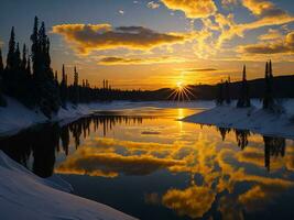 AI generated An image of a vibrant sunset over a serene lake, with colorful reflections shimmering on the water with snow photo
