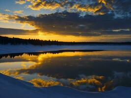 AI generated An image of a vibrant sunset over a serene lake, with colorful reflections shimmering on the water with snow photo