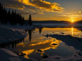 AI generated An image of a vibrant sunset over a serene lake, with colorful reflections shimmering on the water with snow photo