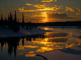 AI generated An image of a vibrant sunset over a serene lake, with colorful reflections shimmering on the water with snow photo