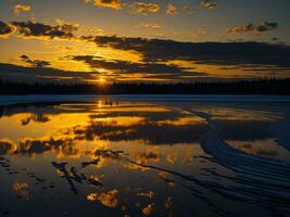 AI generated An image of a vibrant sunset over a serene lake, with colorful reflections shimmering on the water with snow photo