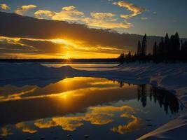 ai generado un imagen de un vibrante puesta de sol terminado un sereno lago, con vistoso reflexiones reluciente en el agua con nieve foto