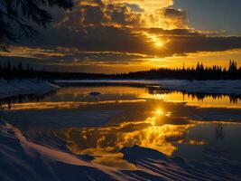 AI generated An image of a vibrant sunset over a serene lake, with colorful reflections shimmering on the water with snow photo