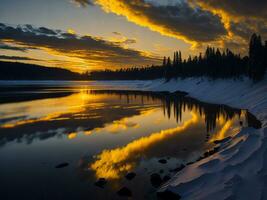 ai generado un imagen de un vibrante puesta de sol terminado un sereno lago, con vistoso reflexiones reluciente en el agua con nieve foto