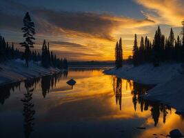 ai generado un imagen de un vibrante puesta de sol terminado un sereno lago, con vistoso reflexiones reluciente en el agua con nieve foto