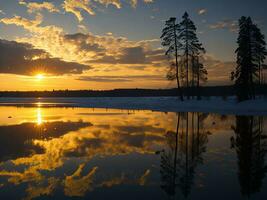 ai generado un imagen de un vibrante puesta de sol terminado un sereno lago, con vistoso reflexiones reluciente en el agua con nieve foto