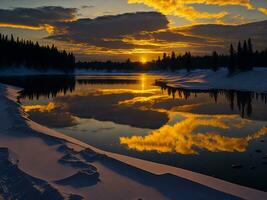 ai generado un imagen de un vibrante puesta de sol terminado un sereno lago, con vistoso reflexiones reluciente en el agua con nieve foto