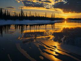 AI generated An image of a vibrant sunset over a serene lake, with colorful reflections shimmering on the water with snow photo