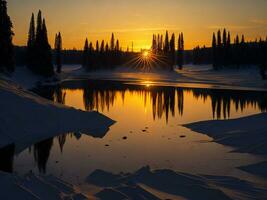 AI generated An image of a vibrant sunset over a serene lake, with colorful reflections shimmering on the water with snow photo