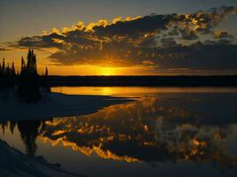 AI generated An image of a vibrant sunset over a serene lake, with colorful reflections shimmering on the water with snow photo