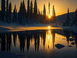 AI generated An image of a vibrant sunset over a serene lake, with colorful reflections shimmering on the water with snow photo