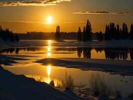 AI generated An image of a vibrant sunset over a serene lake, with colorful reflections shimmering on the water with snow photo