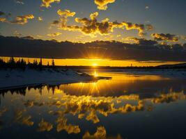 AI generated An image of a vibrant sunset over a serene lake, with colorful reflections shimmering on the water with snow photo