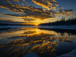 AI generated An image of a vibrant sunset over a serene lake, with colorful reflections shimmering on the water with snow photo