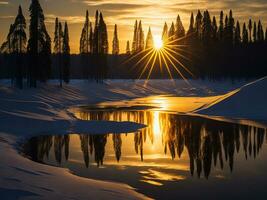 AI generated An image of a vibrant sunset over a serene lake, with colorful reflections shimmering on the water with snow photo