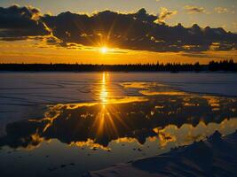 ai generado un imagen de un vibrante puesta de sol terminado un sereno lago, con vistoso reflexiones reluciente en el agua con nieve foto