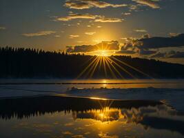 ai generado un imagen de un vibrante puesta de sol terminado un sereno lago, con vistoso reflexiones reluciente en el agua con nieve foto