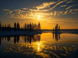 AI generated An image of a vibrant sunset over a serene lake, with colorful reflections shimmering on the water with snow photo