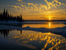 AI generated An image of a vibrant sunset over a serene lake, with colorful reflections shimmering on the water with snow photo