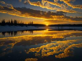 AI generated An image of a vibrant sunset over a serene lake, with colorful reflections shimmering on the water with snow photo