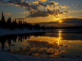 AI generated An image of a vibrant sunset over a serene lake, with colorful reflections shimmering on the water with snow photo