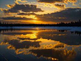 AI generated An image of a vibrant sunset over a serene lake, with colorful reflections shimmering on the water with snow photo